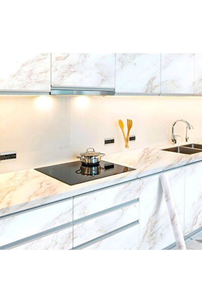 Kyrotech 1 Metre Beyaz Mermer Desenli Kendinden Yapışkanlı Folyo Duşakabin Fayans Kaplama Banyo Dekorasyonu