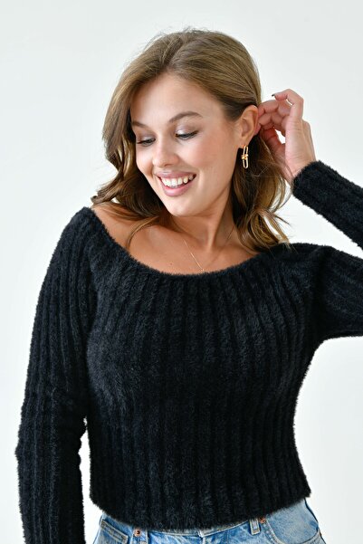 vuvutasarım Beard Knitted Black Crop Sweater - Long Sleeve, Boat Neck - 1049