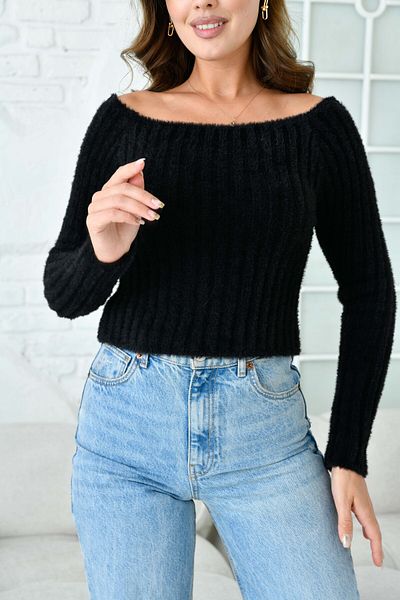 WOMAN VISION Pulover negru cu mânecă lungă - decolteu barcă, tricot cu barbă, croială scurtă 1049