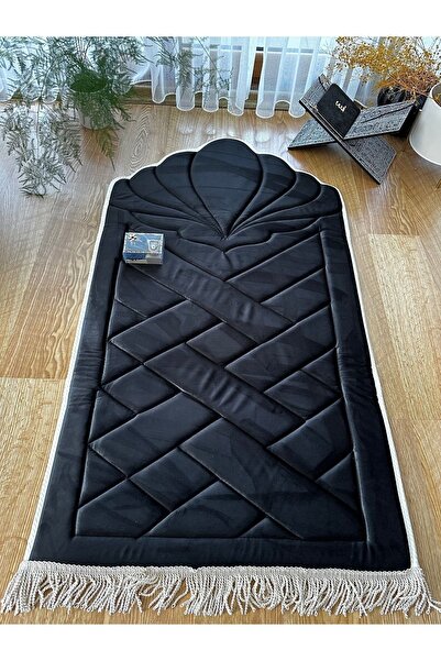 lüks home Siyah - Beyaz Biyeli Ortopedik Süngerli Seccade ( Diz Ağritmaz ) Kadife Seccade