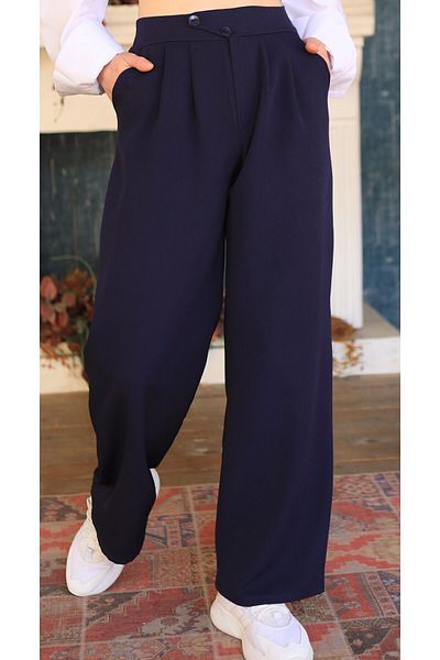zanstil Zan Style Women's Pants - Atlas Fabric, Two Buttons, Two Pockets, Pleats and Back Waist Elastics
