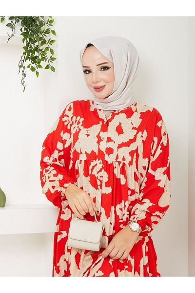 zanstil Viscose Fabric - Buttoned and Patterned Long and Summer Women's Dress 5 Colors Size 4