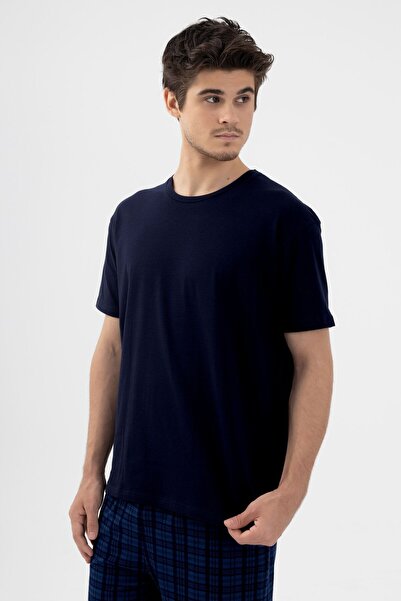 koza iç giyim Чоловічий бавовняний короткий рукав темно-синій картатий малюнок з кишенями піжама комплект