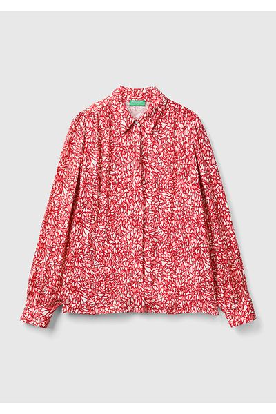 United Colors of Benetton Red Viscose Women's Shirt - Shoulder and Ankle Detail, Patterned, Long Sleeve