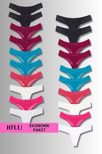 DONEX Pachet de 10 chiloți tanga pentru femei din dantelă - 439 TL în loc de 799 TL
