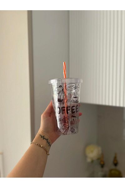 MİMOZA PARK 480 ml Patterned Double Layer Crystal Glass with Straw & Soft Drink Glass