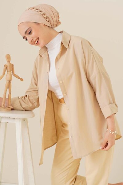 asilmoda 103901 Cămașă Oversize Basic Hijab - Crem