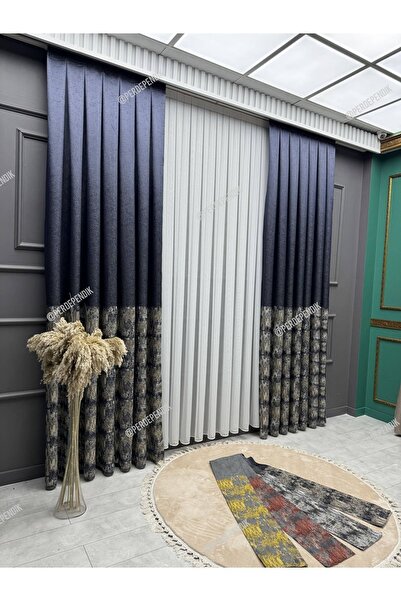 Emes Pano Fon Perde,Elegans Seri Avşa Desen Lacivert Vizon,Taç,Brilant,Kanun ...