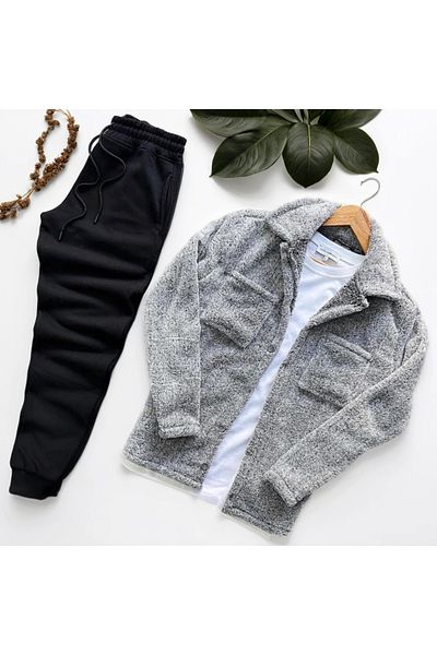 Fifty Color Unisex βελούδινο γκρι μπουφάν και μαύρη φούτερ σε συνδυασμό κάτω επάνω