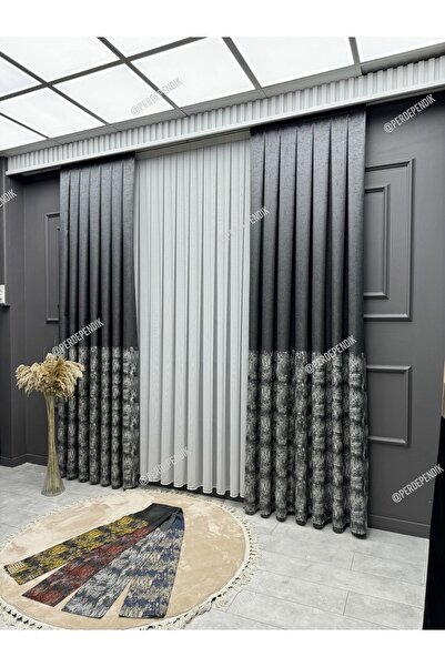 Emes Pano Fon Perde,Elegans Seri Avşa Desen Antrasit Gri,Taç,Brilant,Kanun Pi...