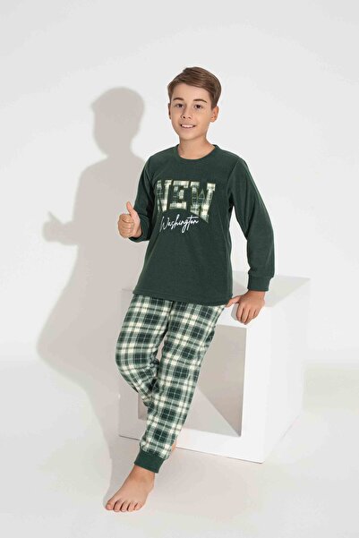 Tarık Erkek Haki Ekose VE Kare Desenli Uzun Kollu BABA-OĞUL Polar Kumaş Kışlık Sıcak Tutan Pijama Takımı