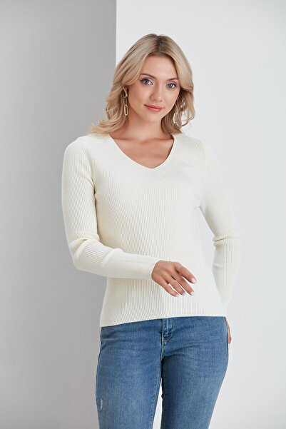 nurneva Pulover basic cu decolteu în V de culoare ecru