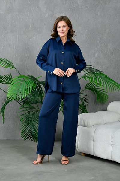 lovebox Satin Women's Evening Dress Double Set - Button Detailed Shirt and Trousers 131