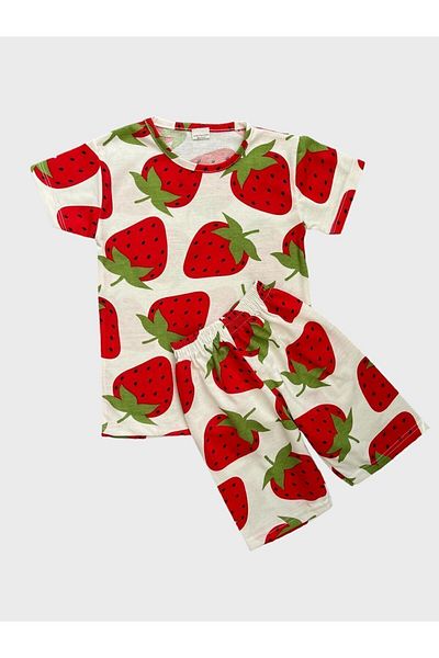 Fil Kids Set de pijamale de vară pentru fete, din bumbac, cu mâneci scurte, cu imprimeu căpșuni