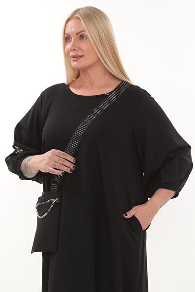 MAG FASHİON Μαύρο φόρεμα μεγάλου μεγέθους - πλισέ μανίκια, ειδικό σχέδιο με τσάντα με λεπτομέρεια εκτύπωσης