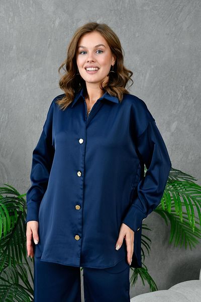 lovebox Satin Women's Evening Dress Double Set - Button Detailed Shirt and Trousers 131