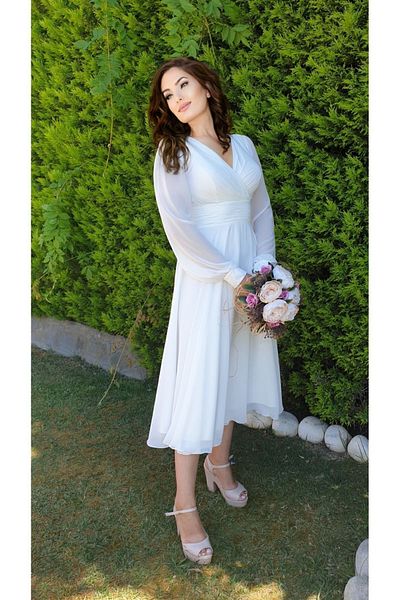 FaBe Fashion Μακρυμάνικο Κλειστό Πίσω Διπλό Γιακά Midi Chiffon Νυφικό