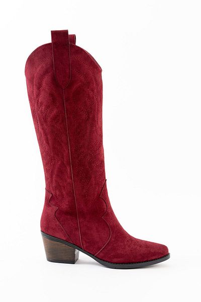 Ms Sugar Women's Burgundy Suede Embroidered Cowboy Long Boots