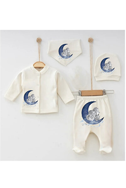 bebekpare Hastane Çıkış Seti %100 Pamuk Mavi Ay ve Fil Beyaz