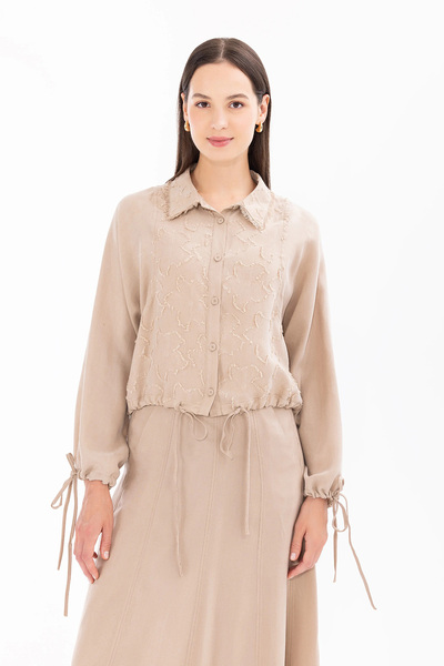 SEÇİL Μπεζ γυναικείο μπουφάν - γιακά πουκάμισο, κουμπί, μοντέλο 1012