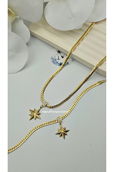 m mavi deniz accesories Star Patterned Steel Necklace and Bracelet Set
