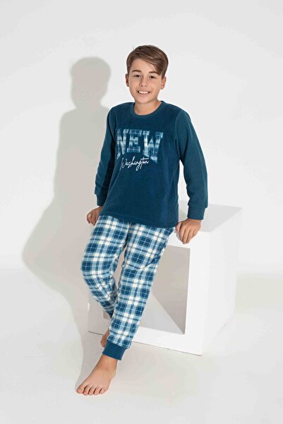 Tarık Σετ ανδρικές πιτζάμες Fleece - Petrol καρό, τετράγωνο σχέδιο, μακρυμάνικο, Father-SON, ζεστός χειμώνας
