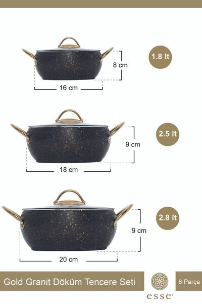 Esse Gold Granit Güveç Tencere Set 6 Parça 16-18-20 Cm E0023