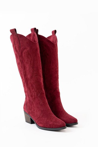 Ms Sugar Women's Burgundy Suede Embroidered Cowboy Long Boots