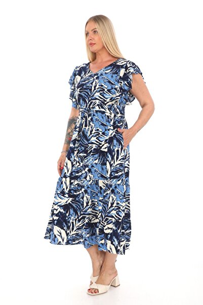 etselements Rochie lungă din viscoză - mâneci cu volan, decolteu, imprimeu floral și eșarfă