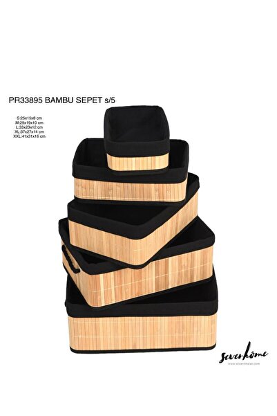Kitchen Pembelia 5’li Bambu Sepet Naturel Astarlı Çok Amaçlı Saklama Kutusu-B...