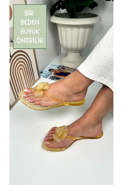 Nstil Yellow Women's Slippers - Flip Flop Gel Detailed, Flat Bottom Oval Toe for Flowers C4