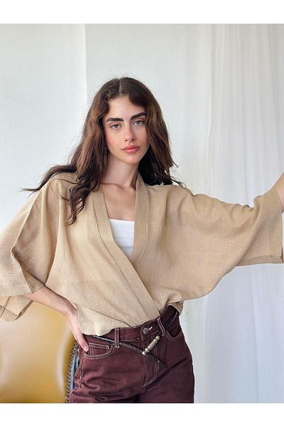 Retrobird Colorful Design Textured Mini Kimono - Women's, Sand