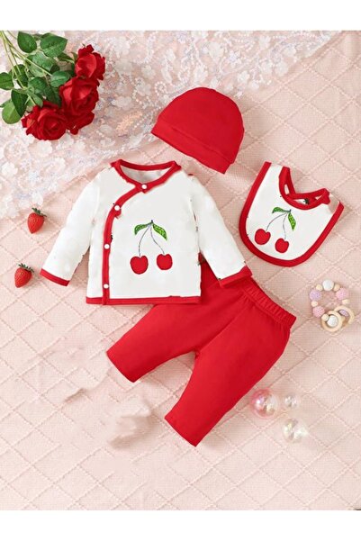 bebekpare طقم خروج المستشفى باللون الأحمر الكرزي - 100% قطن