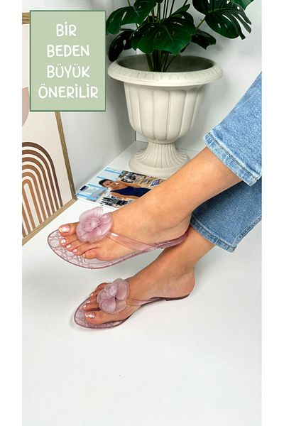 Nstil Lilac Women's Slippers - Flip Flop Gel Detail, Flat Sole, Oval Toe and Flower Decoration C4