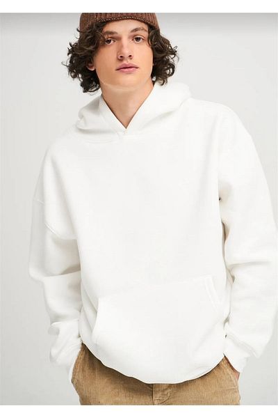 Moda Işık Ecru Unisex Hooded Basic Sweatshirt - 100% Cotton