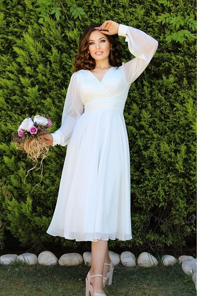 FaBe Fashion Μακρυμάνικο Κλειστό Πίσω Διπλό Γιακά Midi Chiffon Νυφικό