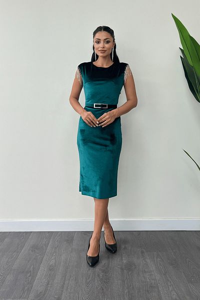 giyimmasalı Velvet Fabric Shoulder Tassel Pencil Dress - EMERAL GREEN