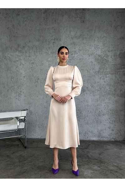 Afiş Butik Beige Satin - Back Low-cut Midi Dress