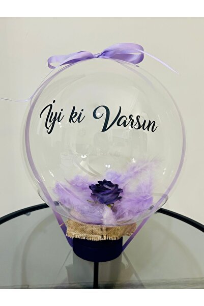 Salish Mor Şeffaf Balon Kutusu Yazılı Kuş Tüyü Ve Solmayan Gül Detaylı Premiu...