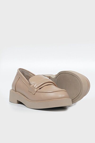 TUNAELLİ KADIN BEJ HAKİKİ DOĞAL DERİ LOAFER AYAKKABI