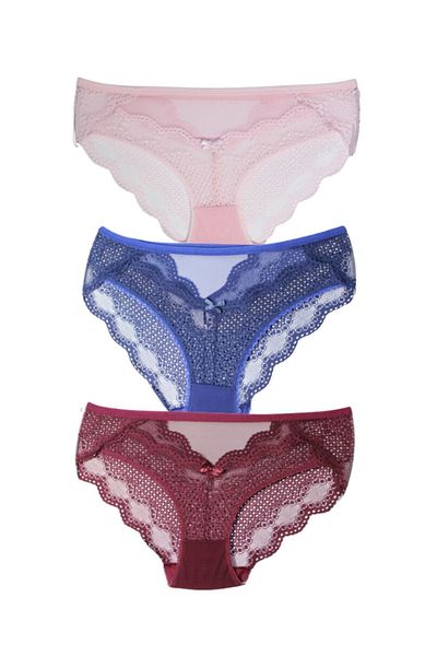 ARONA Sensuale 3 قطع مقاس كبير، نافذة على الظهر، سراويل داخلية من الدانتيل باللون الأزرق الداكن، بورجوندي، وردي