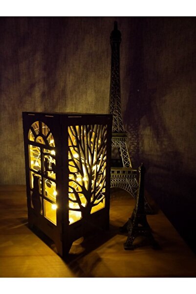 ViraHome Dekoratif Mini Özel Tasarım Ahşap Abajur Masa Süsü Peri Ledli Kedi Ve Ağaç Desenli 20x10cm