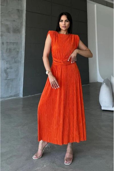 mor butik Fly777 Model Orange Padded Crinkle Dress