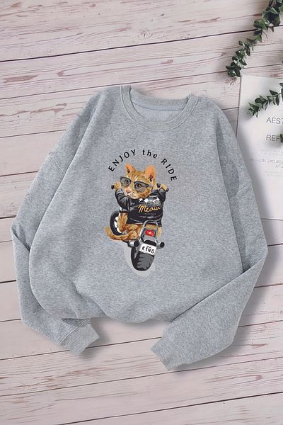 MYADA 12699 Модел Premium Детски суитшърт с щампа на котка Enjoy The Ride Oversize