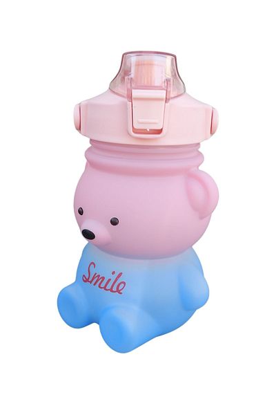 homeneeds 0.8 Lt. Smile Teddy Bear Plastic Water Bottle with Straw - Leak Proof and Student Motivational Effect (with Sticker Gift)