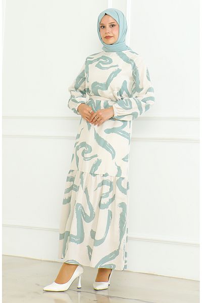 sefamerve Beige Linen Dress - Patterned and Belted, Green 0471A-04