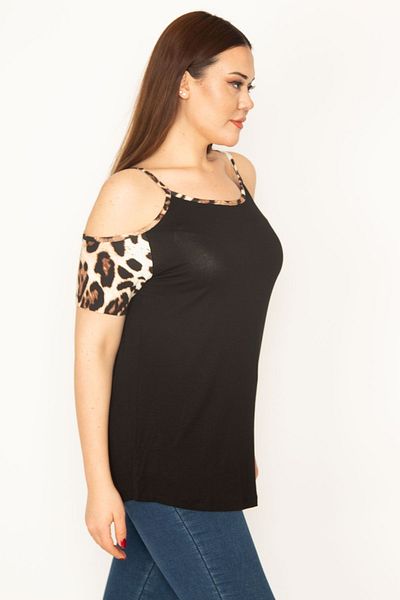 Şans Women's Plus Size Brown Leopard Garnished Strappy Blouse 65n32858