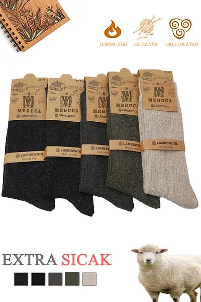 Meguca Socks Комплект мъжки и дамски зимни екстра топли вълнени чорапи от агнешка вълна 5 чифта