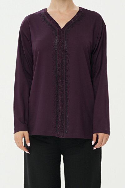 BURSPA Μπλούζα από βαμβακερή χτενισμένη μωβ Mother με μοτίβο Waterway