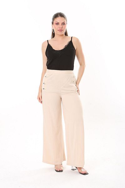 Şans Women's Large Size Mink Ornamental Metal Buttoned Pocketless Pants 65N37817